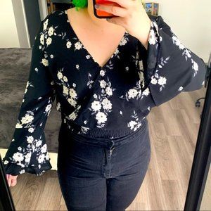 H&M Long Bell Sleeve Black Floral Blouse Size 12
